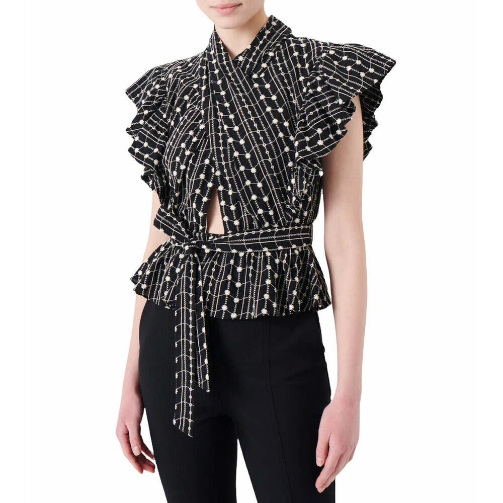 Derek Lam 10 Crosby Brynn Ruffle Wrap Top Black White Embroidered Cut Out SZ 6
